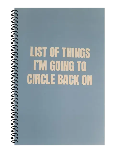 List of Things I'm Going to Circle Back On funny spiral notebook in light blue (Reply-All Blue) – 5.5 x 8.5 inch college ruled office notebook by Office Snarky