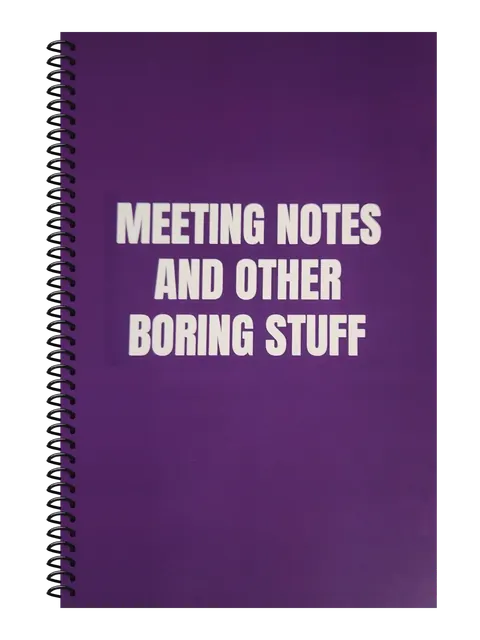 Meeting Notes and Other Boring Stuff funny spiral notebook in purple (Deadline Purple) – 5.5 x 8.5 inch college ruled office notebook by Office Snarky