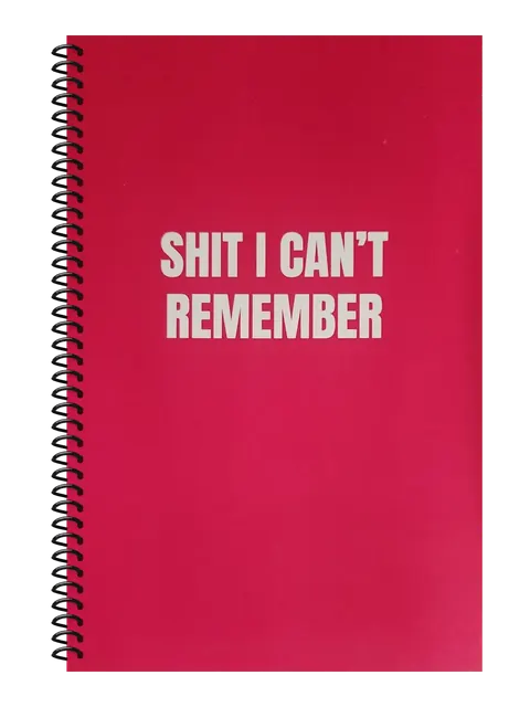 Shit I Can't Remember funny spiral notebook in hot pink (Meeting Pink) – 5.5 x 8.5 inch college ruled office notebook by Office Snarky