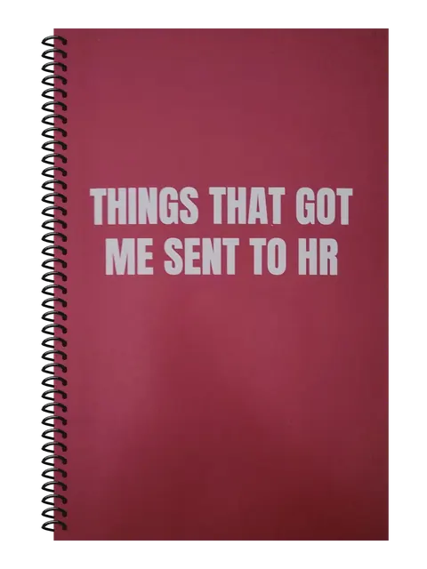 Things That Got Me Sent to HR funny spiral notebook in burgundy (Happy Hour Burgundy) – 5.5 x 8.5 inch college ruled office notebook by Office Snarky