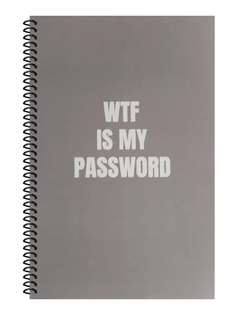 WTF Is My Password funny spiral notebook in gray (Office Gray) – 5.5 x 8.5 inch college ruled office notebook by Office Snarky