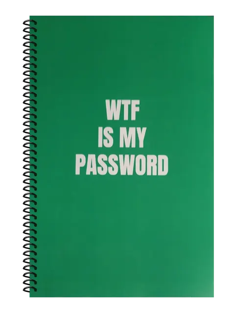 WTF Is My Password funny spiral notebook in green (Cubicle Green) – 5.5 x 8.5 inch college ruled office notebook by Office Snarky